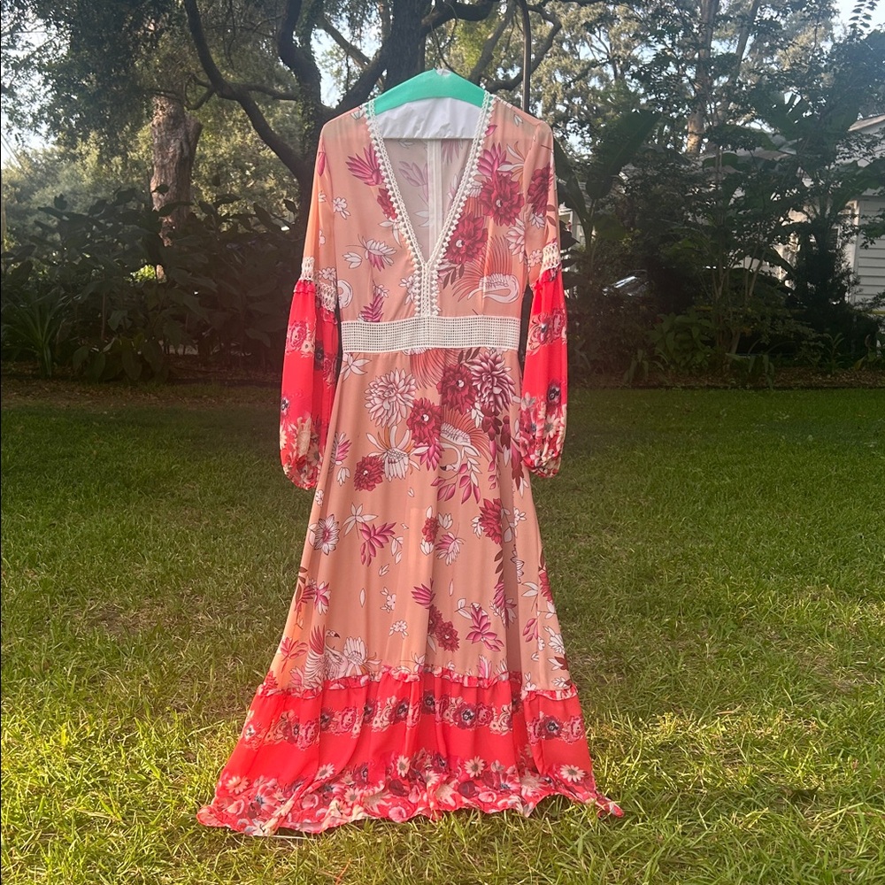 Bohemian Floral Long Sleeve Dress in Red and Tan
